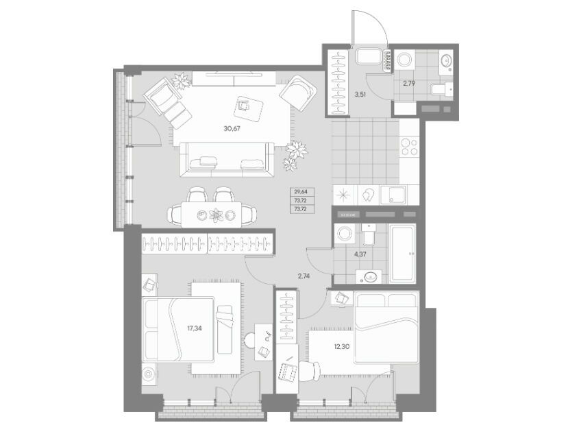 Планировка: 2-комн. квартира 73.72 м² в новостройке Авант