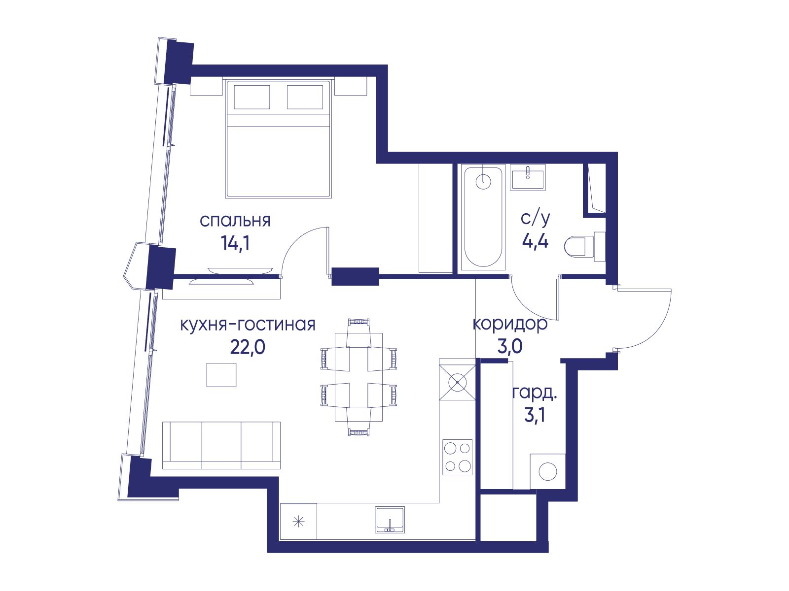Планировка: 1-комн. квартира 46.60 м² в новостройке Остров
