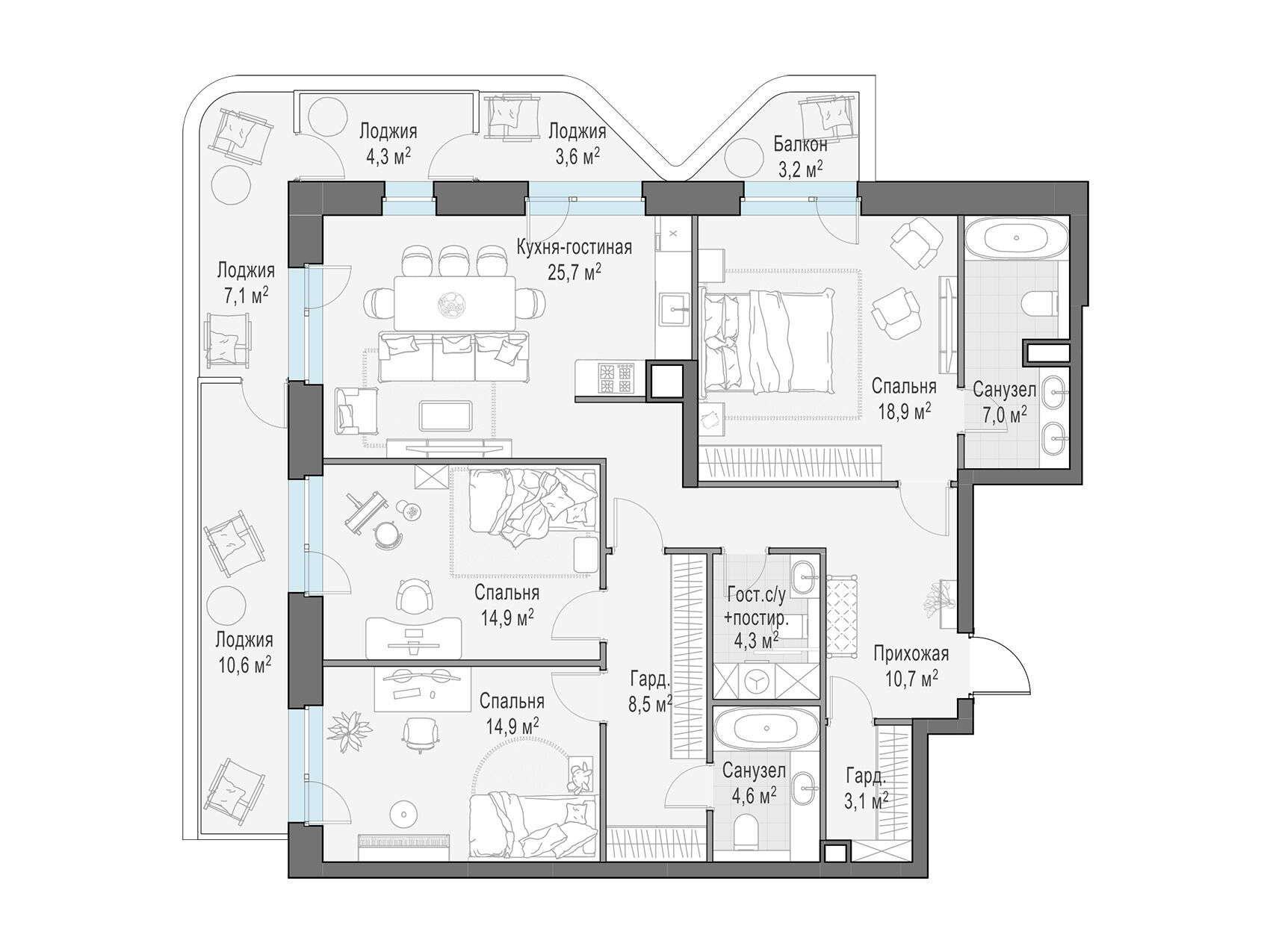 Планировка: 3-комн. квартира 126.50 м² в новостройке ЖК Форивер