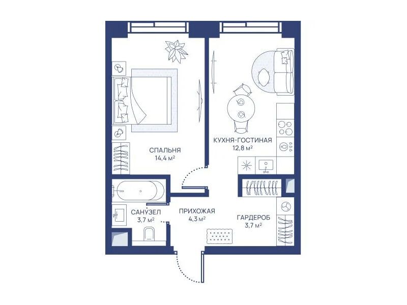 Планировка: 1-комн. квартира 38.90 м² в новостройке Свет