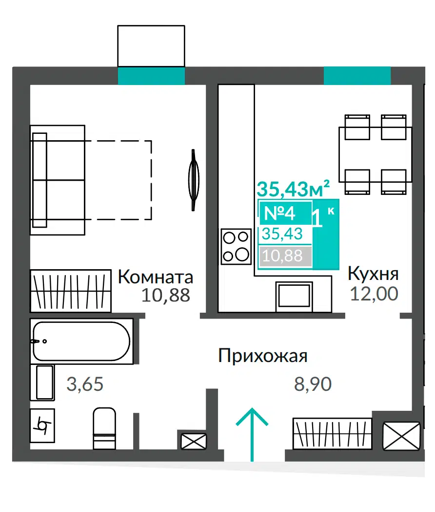 Планировка: 1-комн. квартира 35.43 м² в новостройке Абрикос