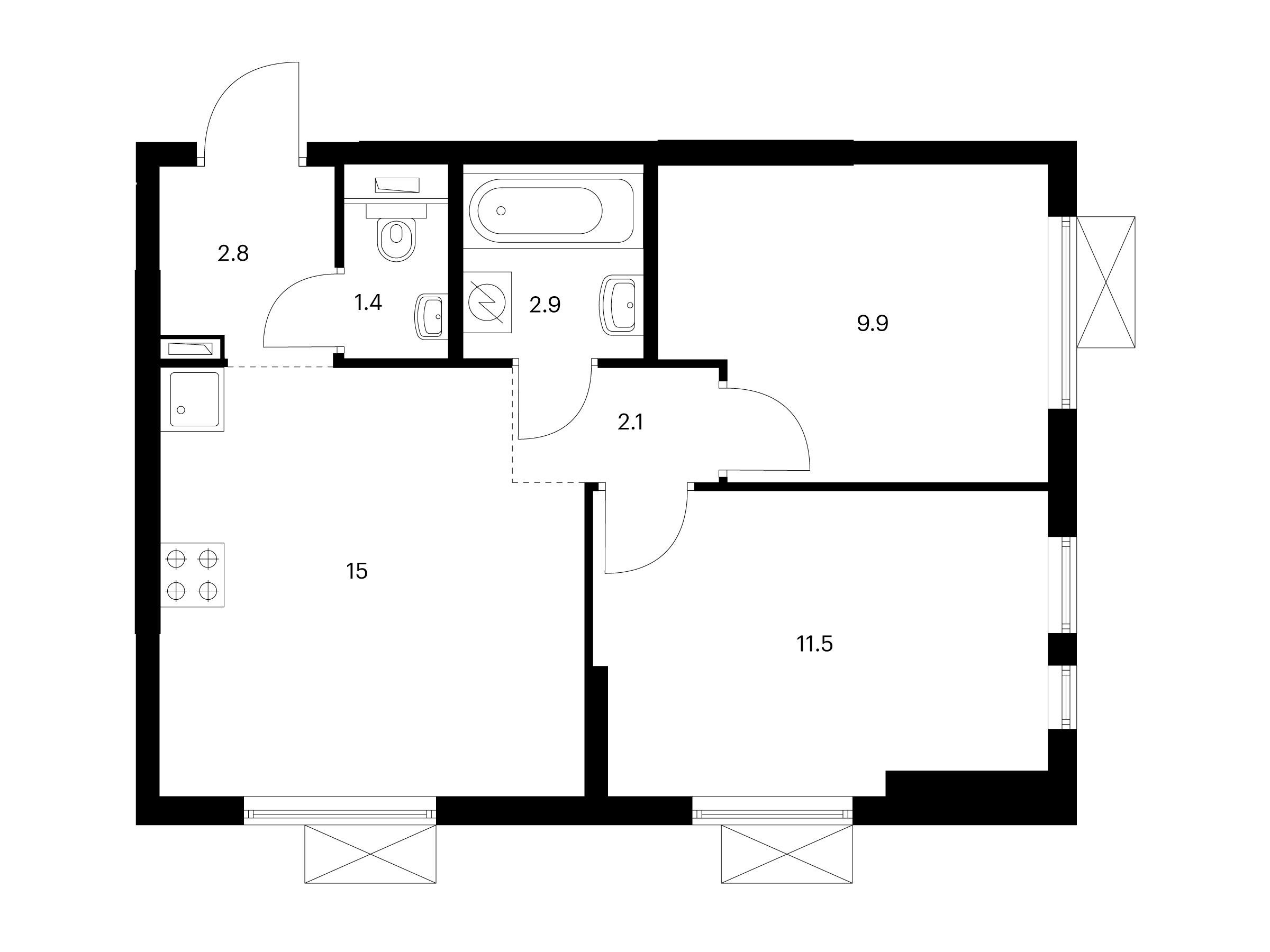 Планировка: 2-комн. квартира 45.60 м² в новостройке Кузьминский лес