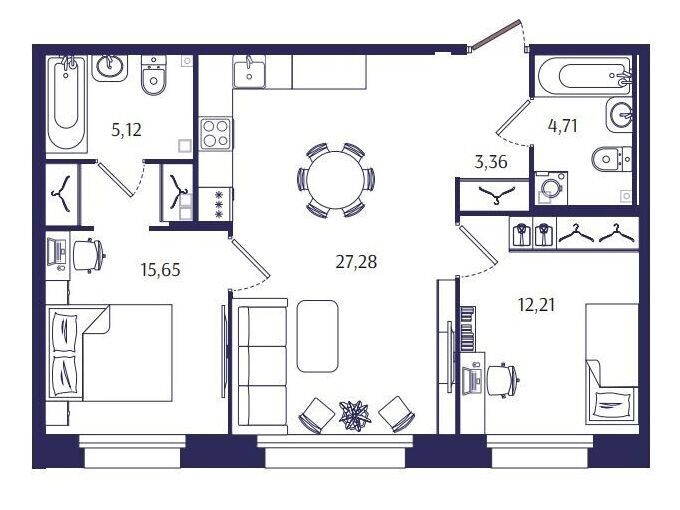 Планировка: 2-комн. квартира 68.33 м² в новостройке Ранта Резиденс