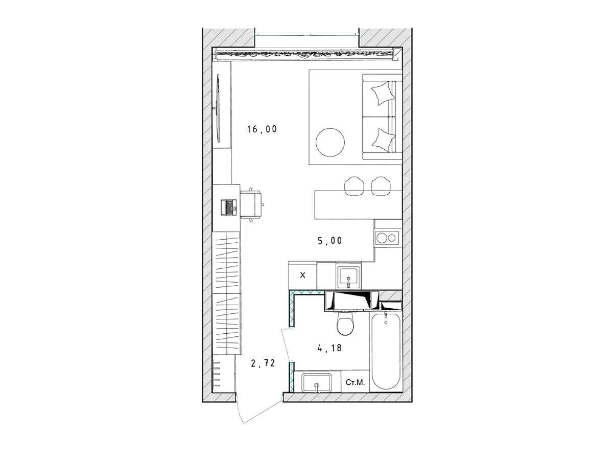 Планировка: Студия 28.00 м² в новостройке Серебро