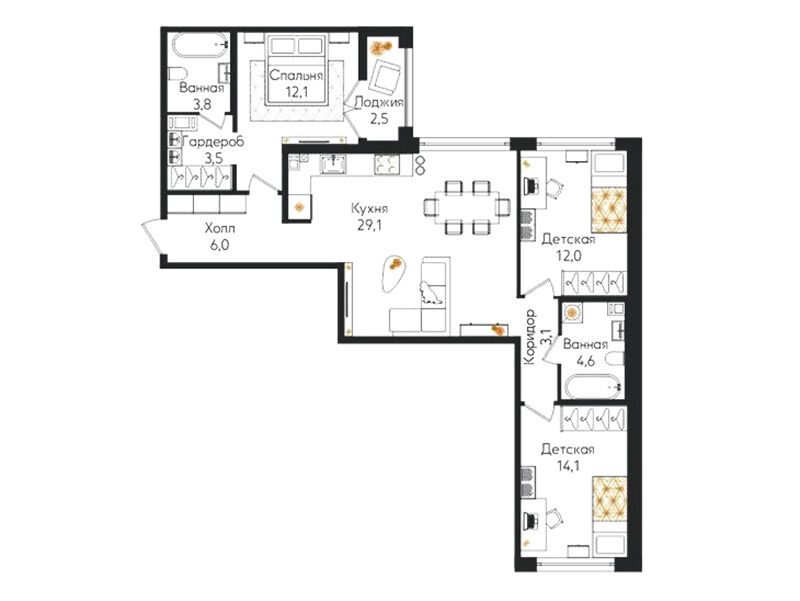 Планировка: 3-комн. квартира 90.90 м² в новостройке Кронунг Юг