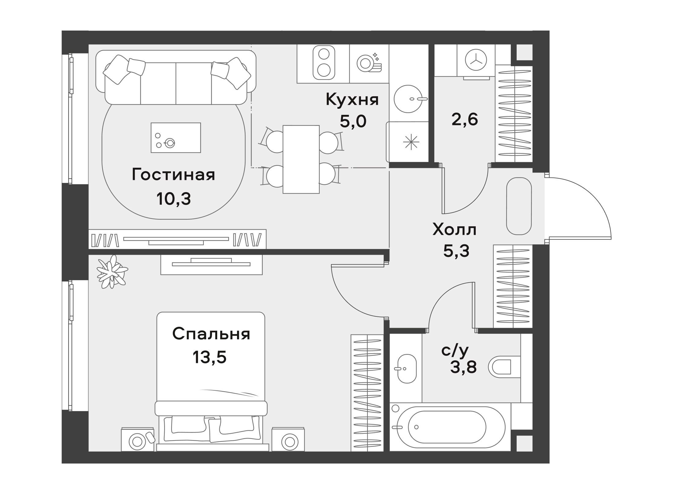 Планировка: 1-комн. квартира 40.50 м² в новостройке Алиа