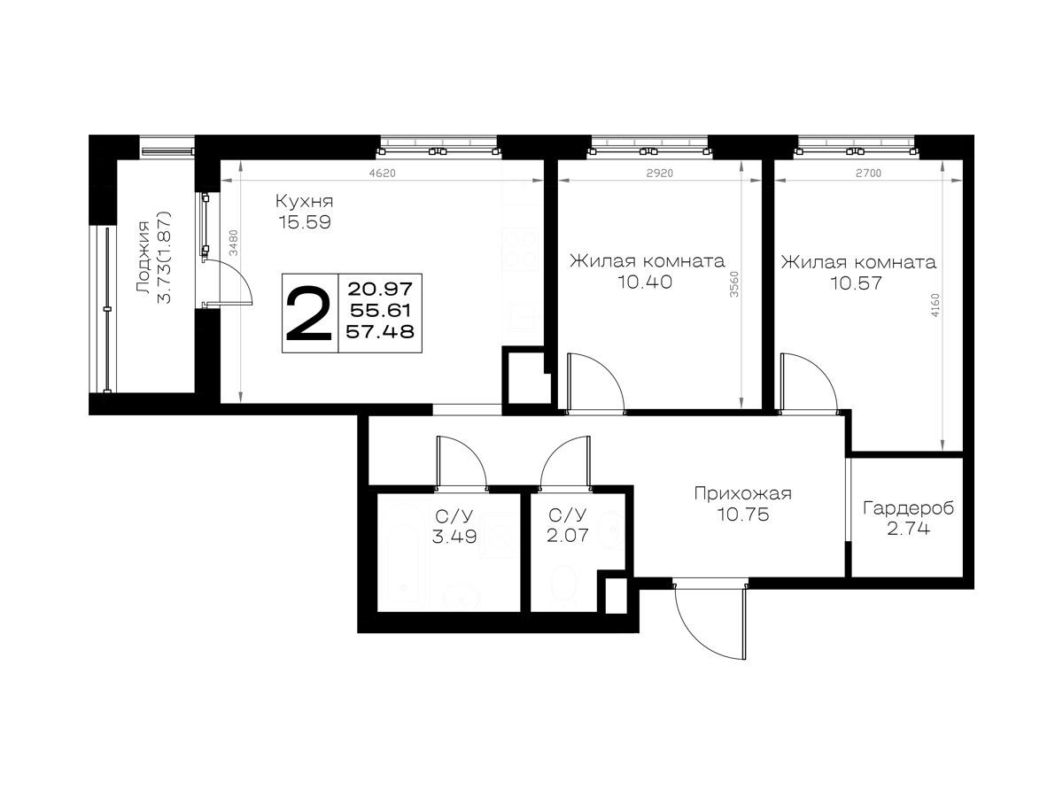 Планировка: 2-комн. квартира 57.48 м² в новостройке Борский