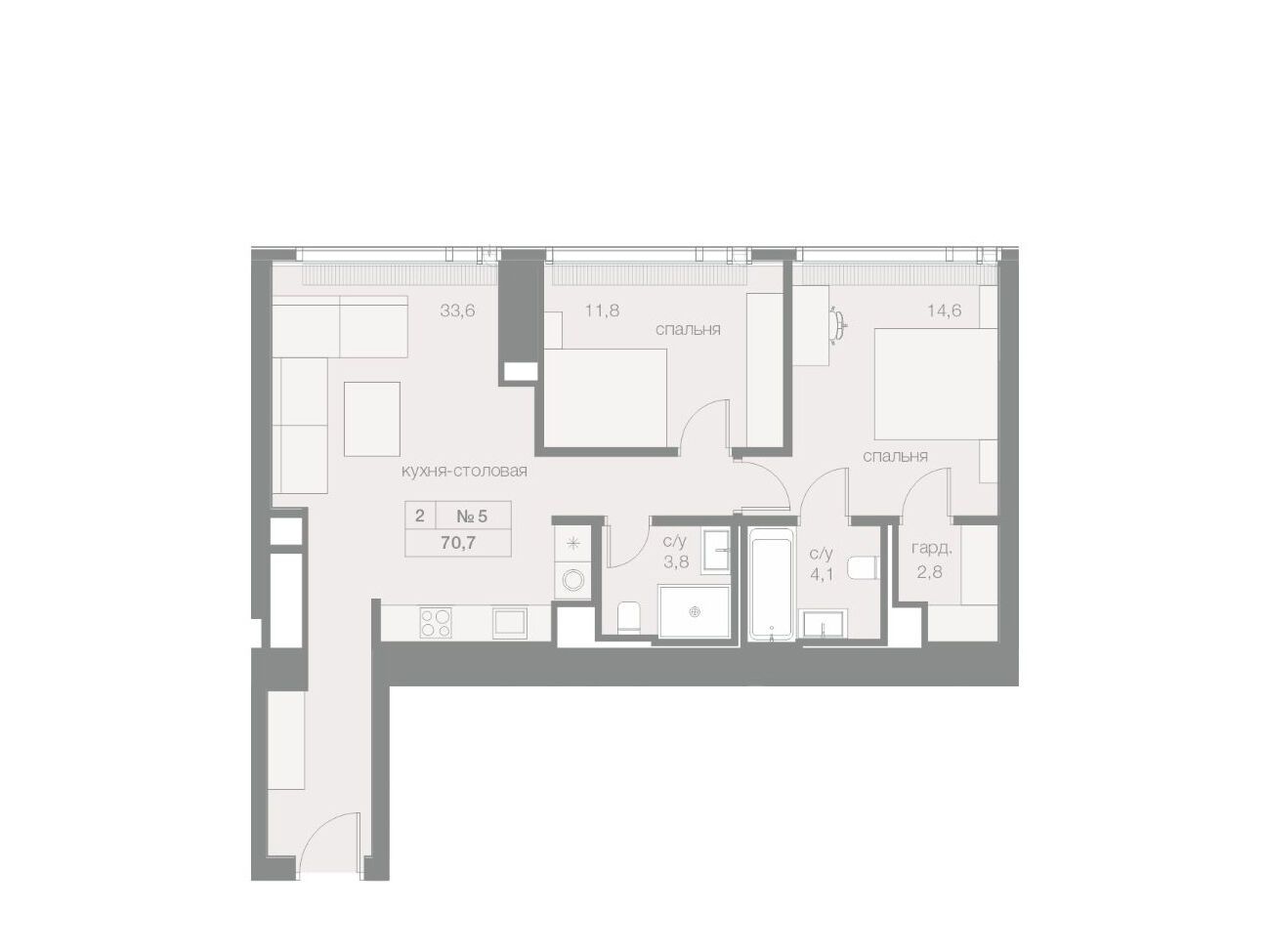 Планировка: 2-комн. квартира 70.70 м² в новостройке Кэпитал Тауэрс