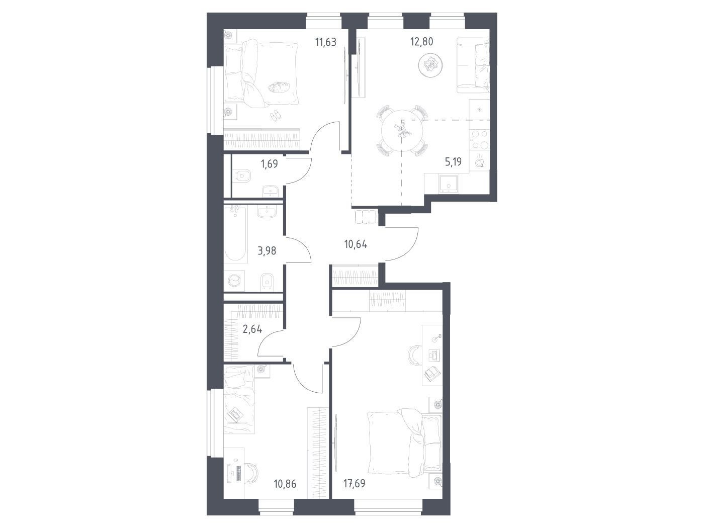 Планировка: 3-комн. квартира 77.12 м² в новостройке Квартал Домашний