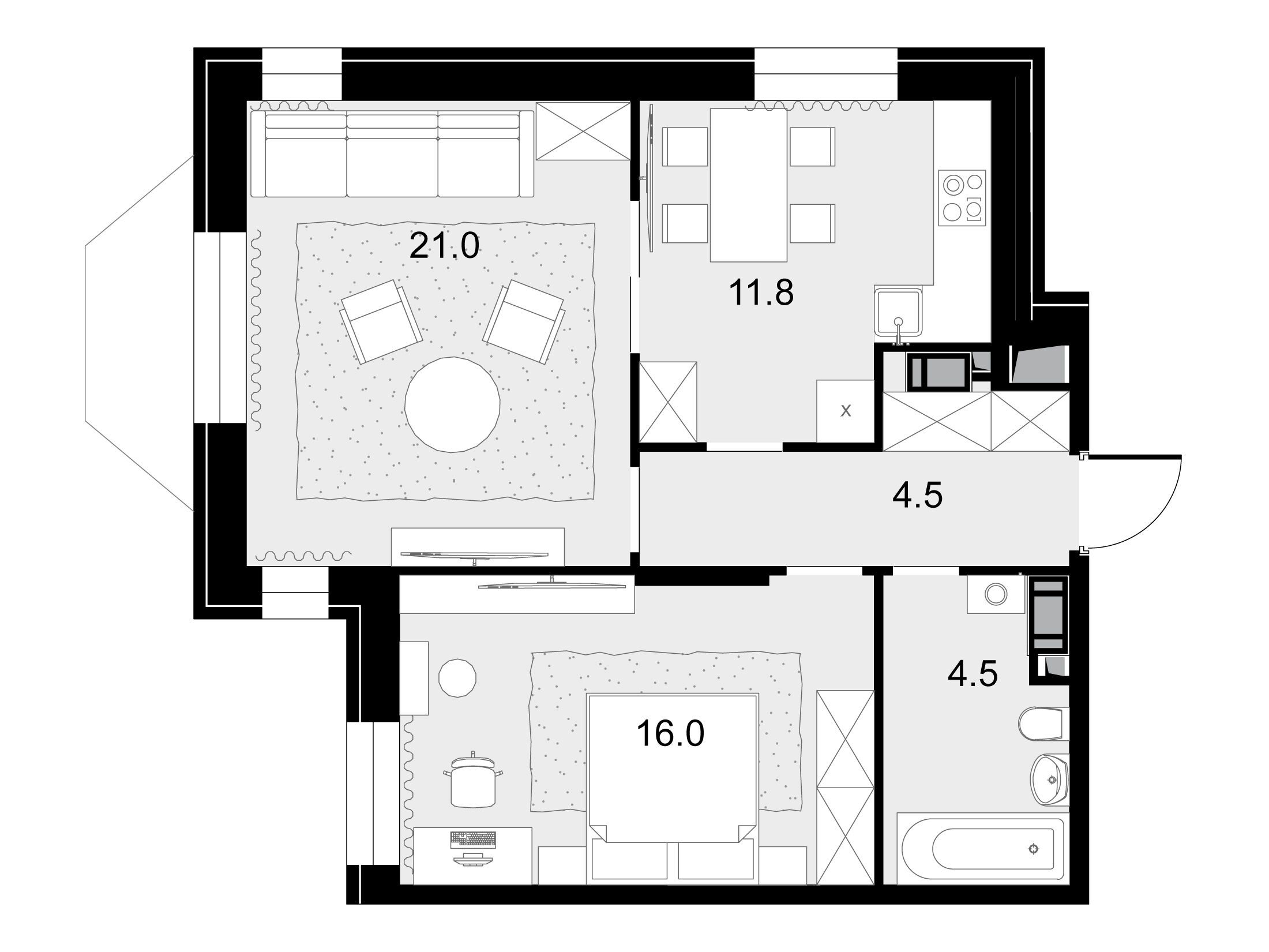 Планировка: 2-комн. квартира 59.60 м² в новостройке Театральный квартал