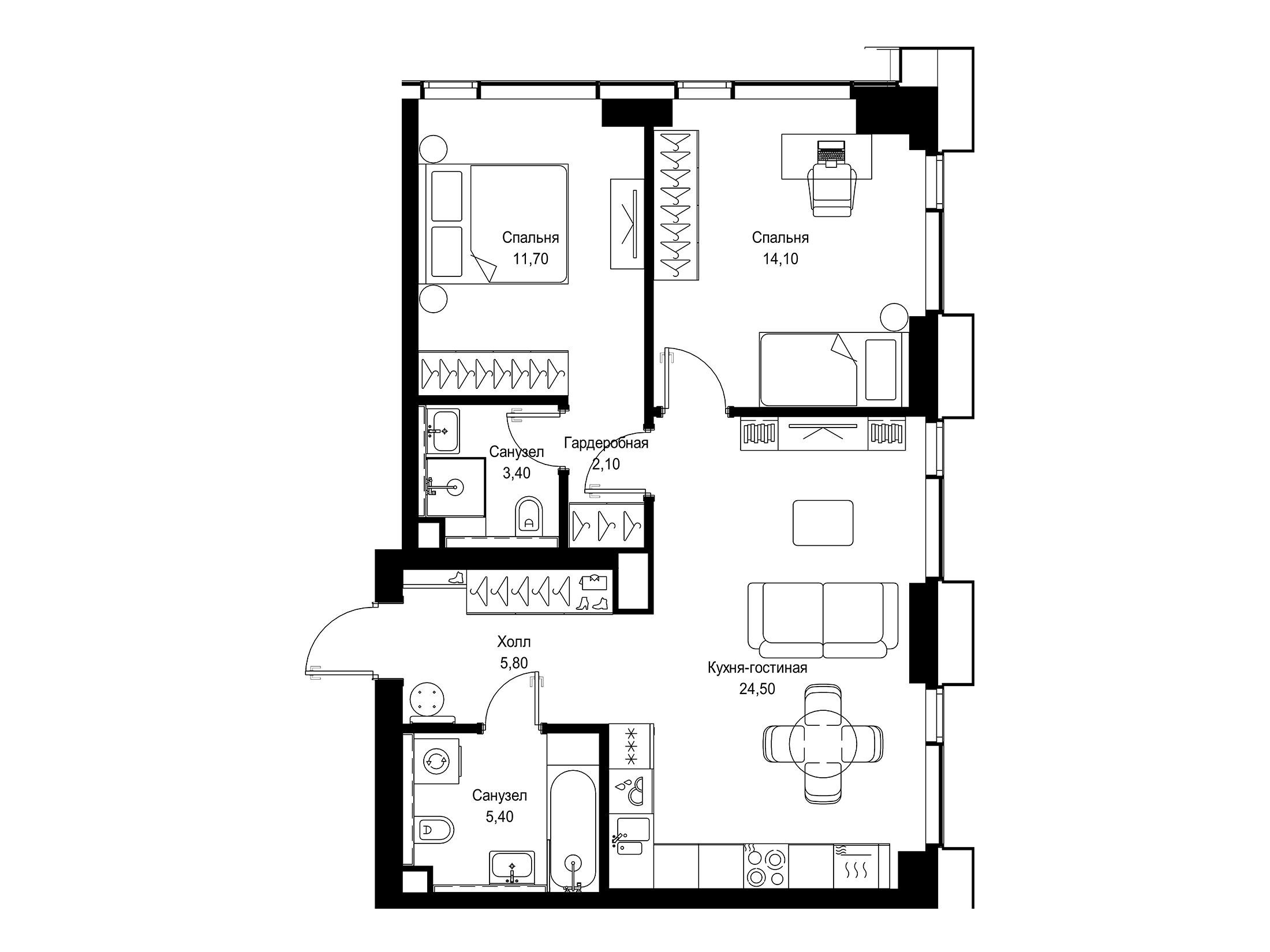 Планировка: 2-комн. квартира 67.00 м² в новостройке Ситидзен