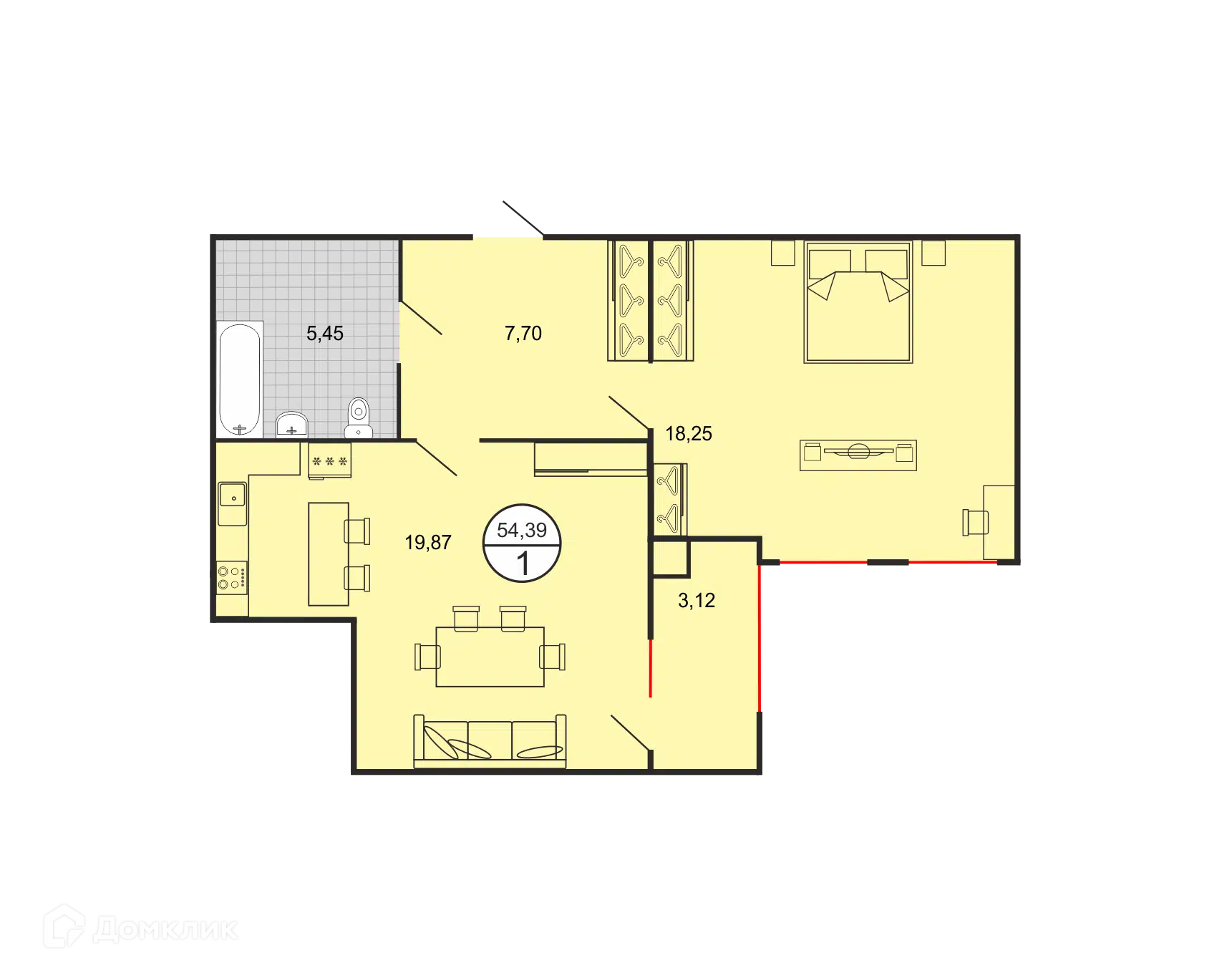 Планировка: 1-комн. квартира 54.39 м² в новостройке Дыхание
