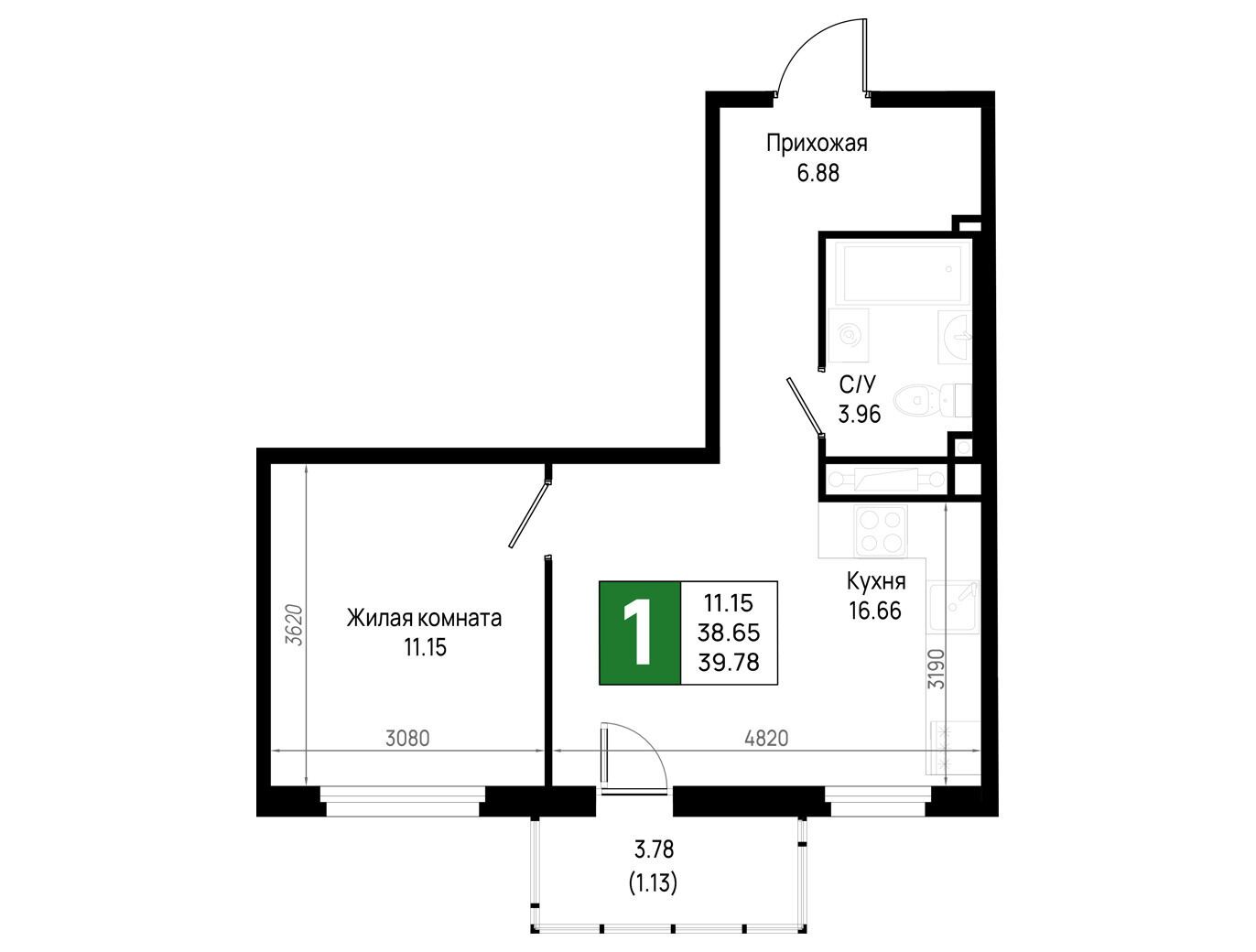 Планировка: 1-комн. квартира 39.78 м² в новостройке Имена