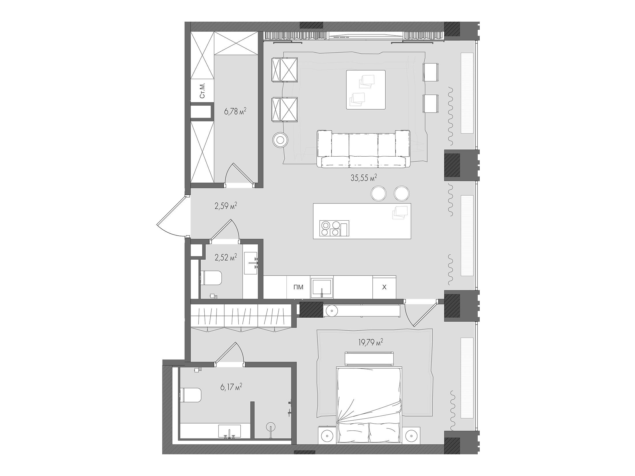 Планировка: 1-комн. квартира 73.40 м² в новостройке Форум