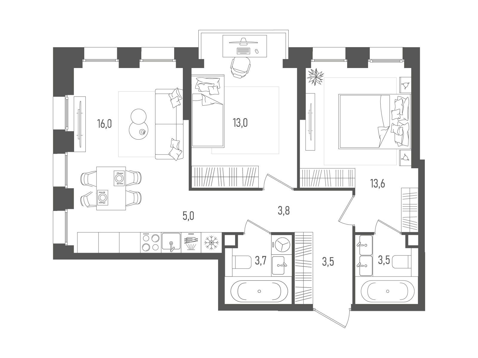 Планировка: 2-комн. квартира 62.10 м² в новостройке Пейв