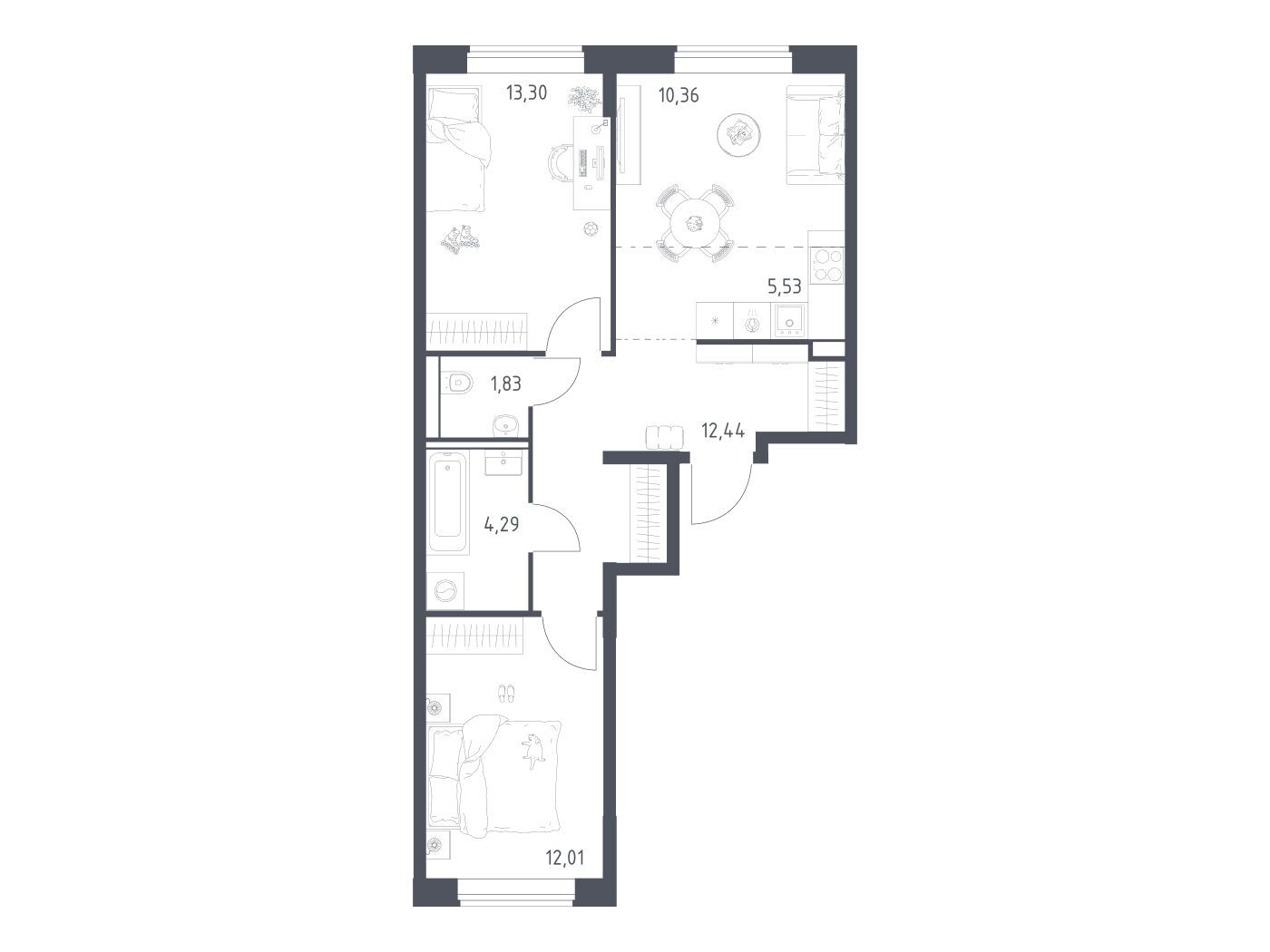 Планировка: 2-комн. квартира 59.76 м² в новостройке Квартал Домашний