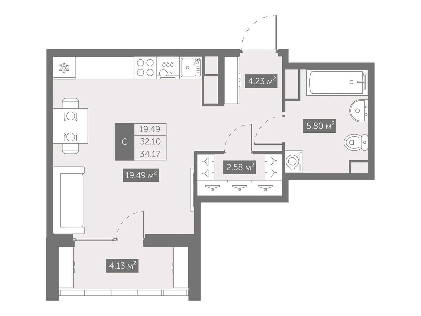 Планировка: Студия 34.17 м² в новостройке Новый Московский