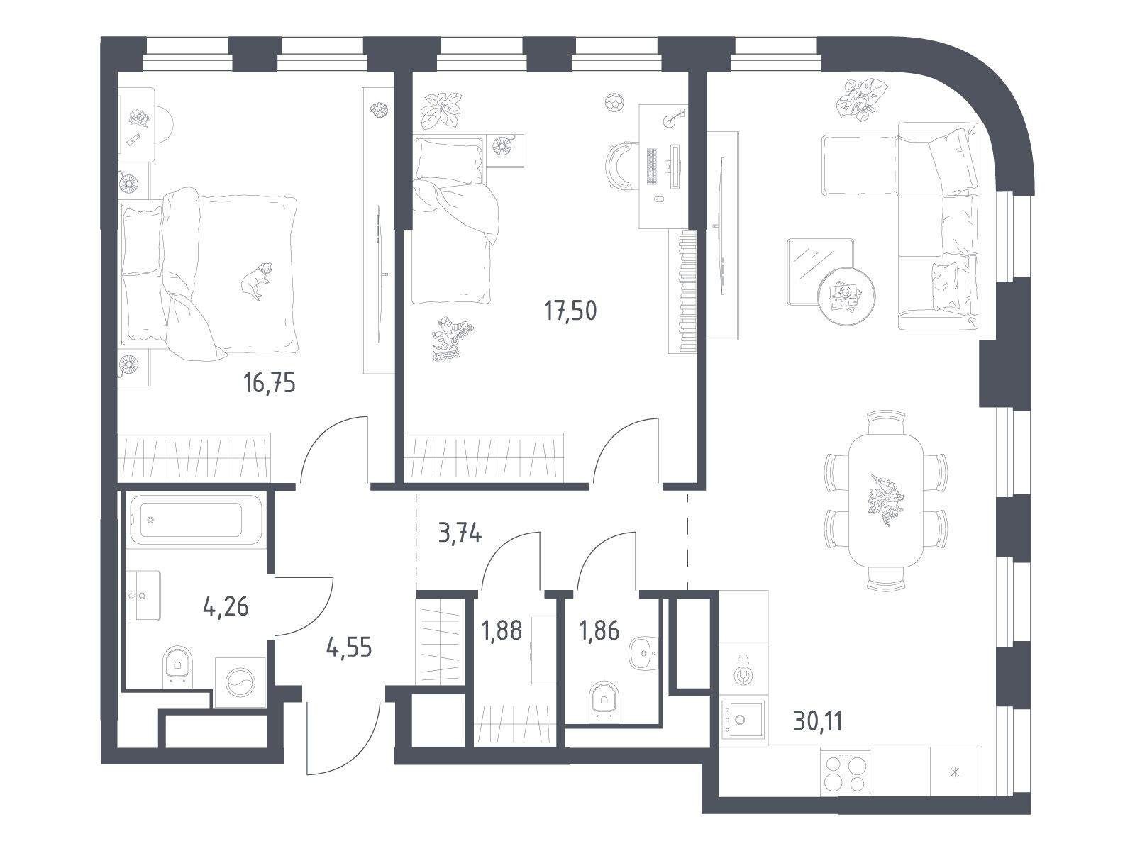 Планировка: 2-комн. квартира 80.65 м² в новостройке Квартал на воде