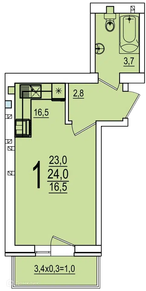 Планировка: Студия 24.00 м² в новостройке ЖК Дарград