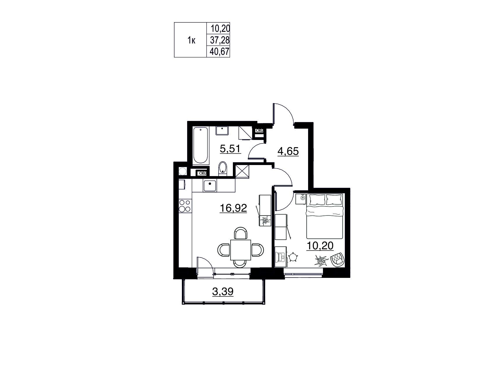 Планировка: 1-комн. квартира 40.67 м² в новостройке Соло.Петергоф