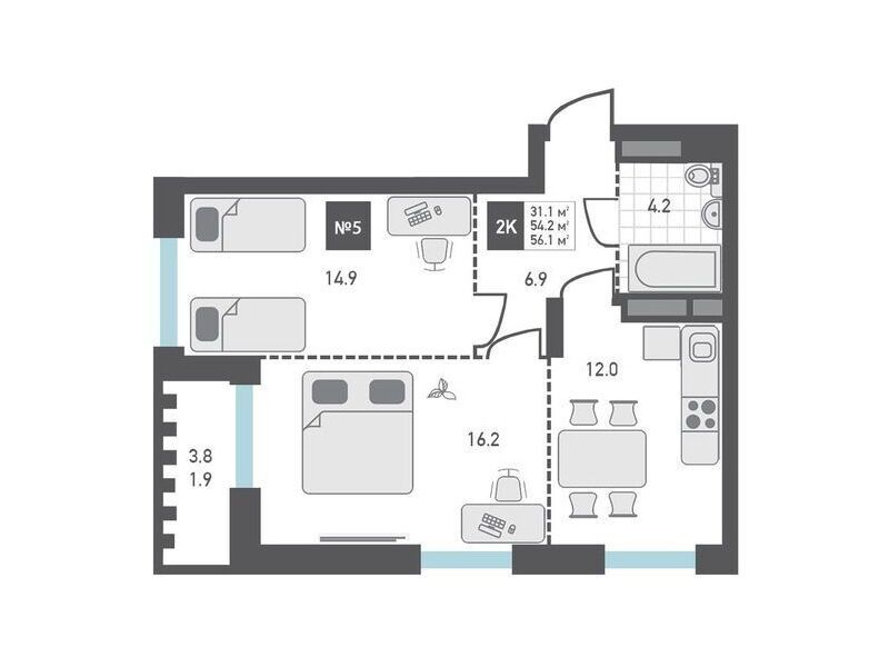 Планировка: 2-комн. квартира 56.10 м² в новостройке ЖК Зеленоград Ривьера
