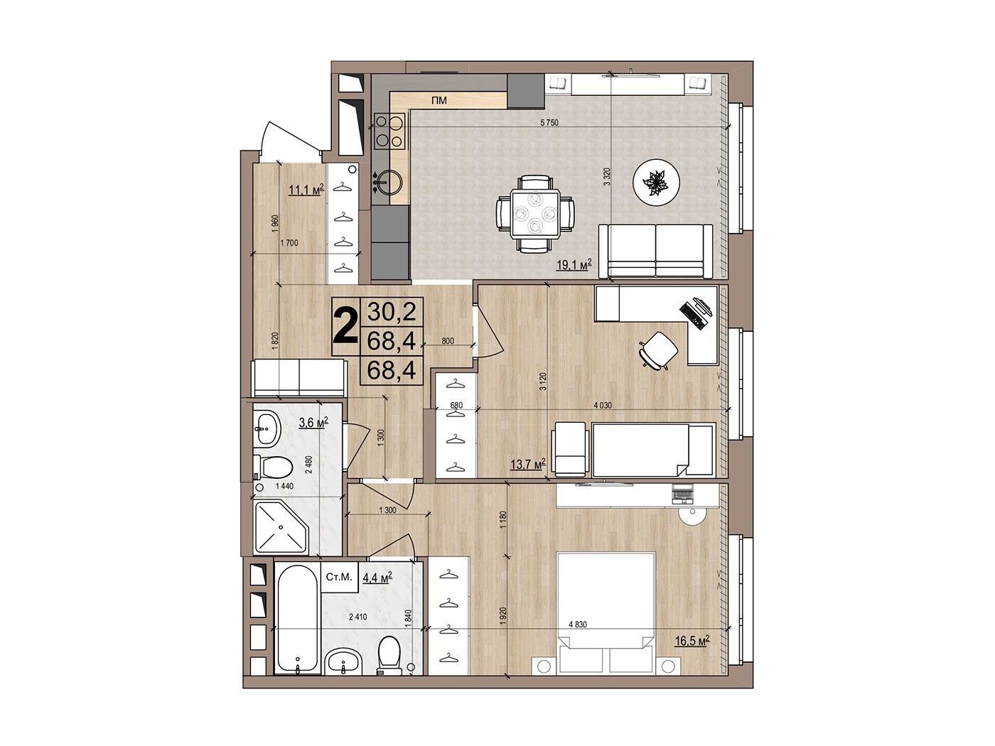 Планировка: 2-комн. квартира 68.40 м² в новостройке Гранд Комфорт