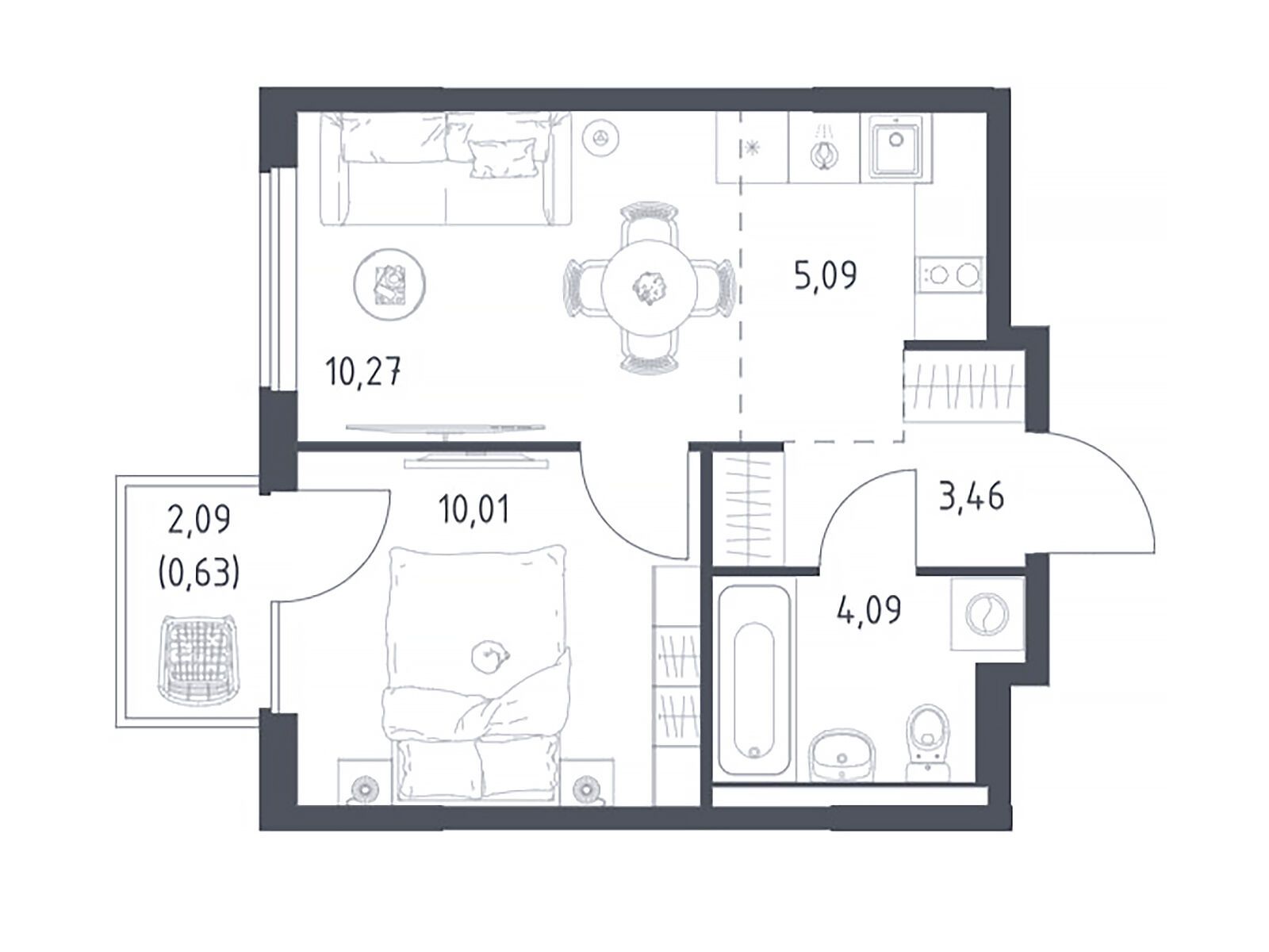 Планировка: 1-комн. квартира 33.55 м² в новостройке Горки Парк
