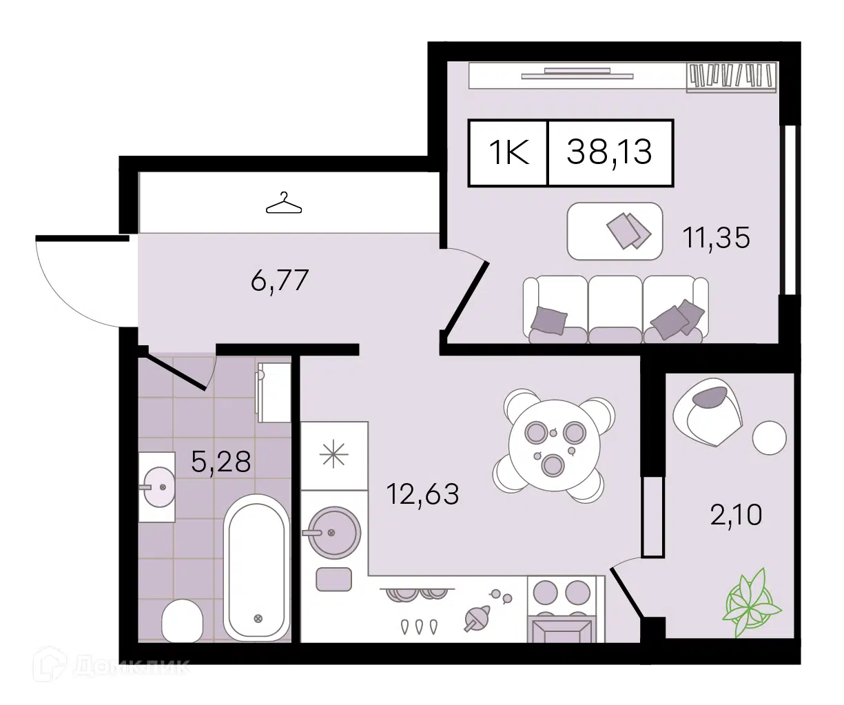 Планировка: 1-комн. квартира 38.13 м² в новостройке Новые Сезоны 2