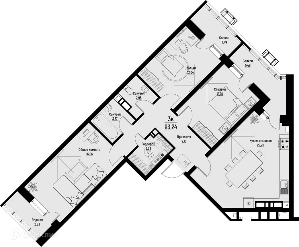 Планировка: 3-комн. квартира 93.24 м² в новостройке Волна