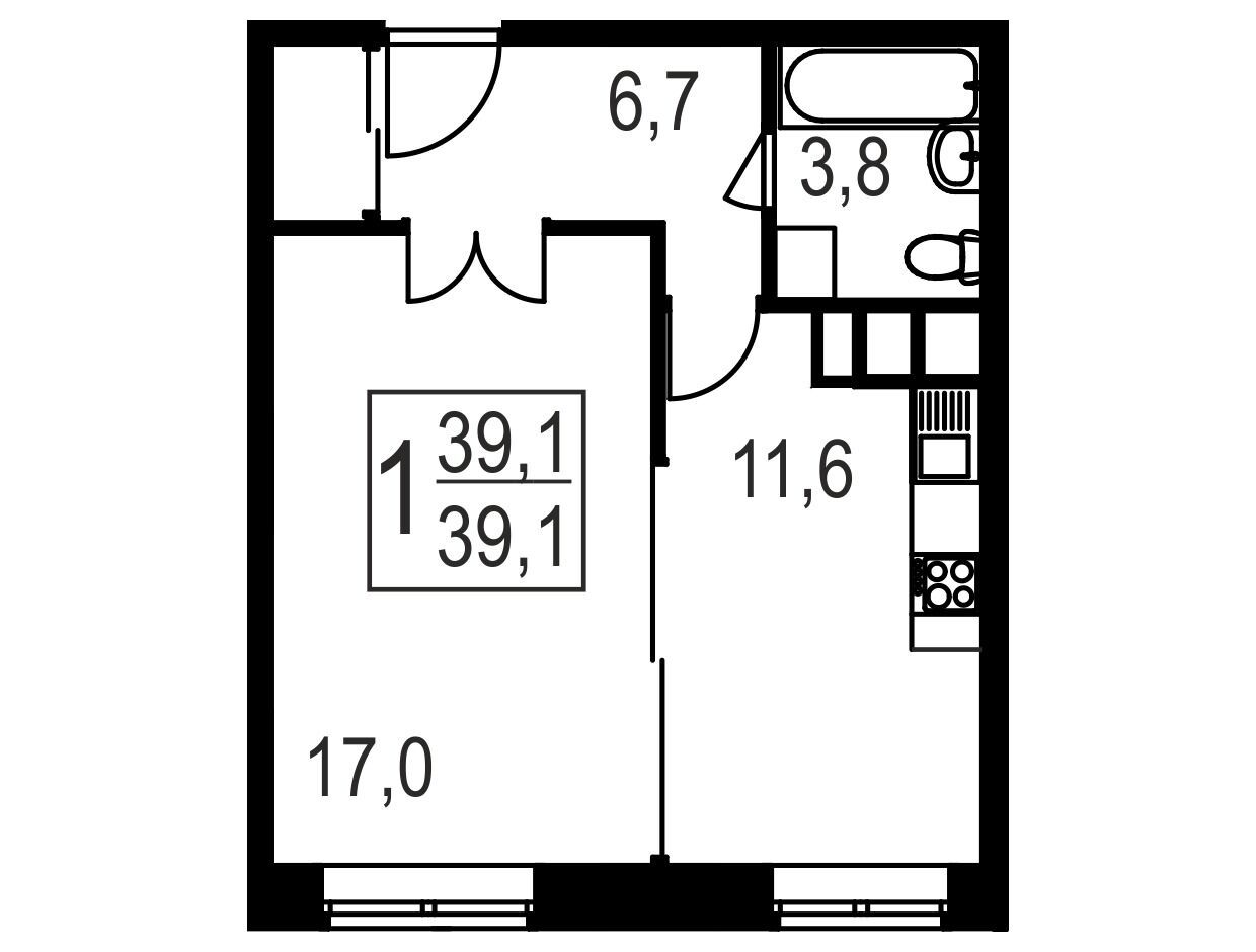 Планировка: 1-комн. квартира 39.10 м² в новостройке Восточный