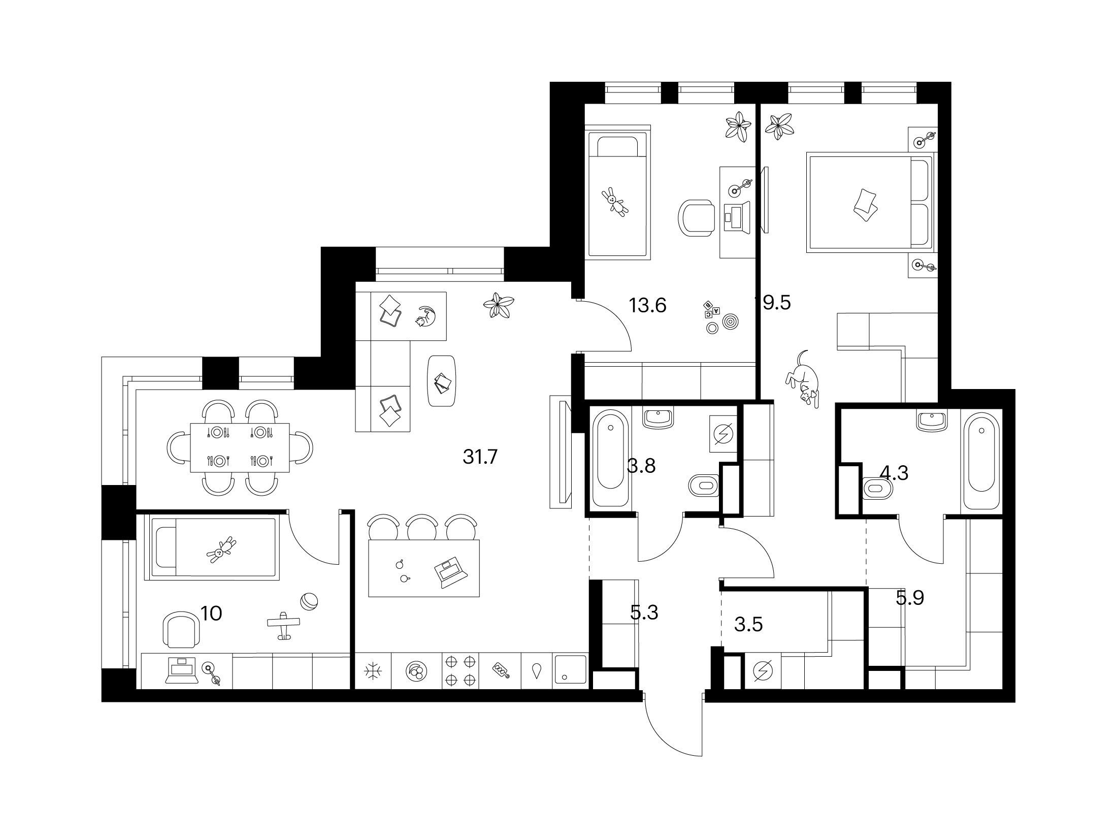 Планировка: 3-комн. квартира 97.60 м² в новостройке Строгино 360