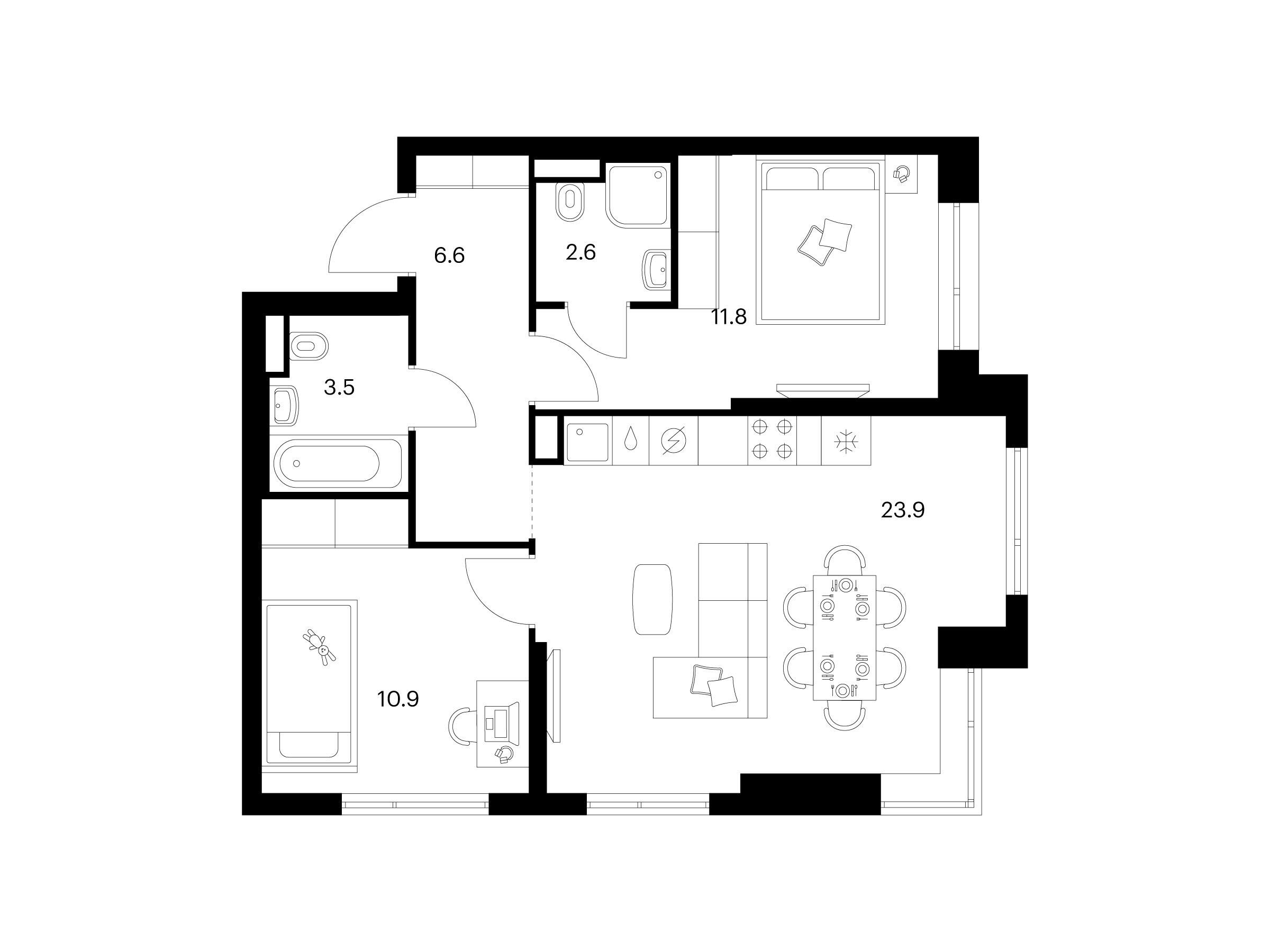 Планировка: 2-комн. квартира 59.30 м² в новостройке ЖК Середневский лес
