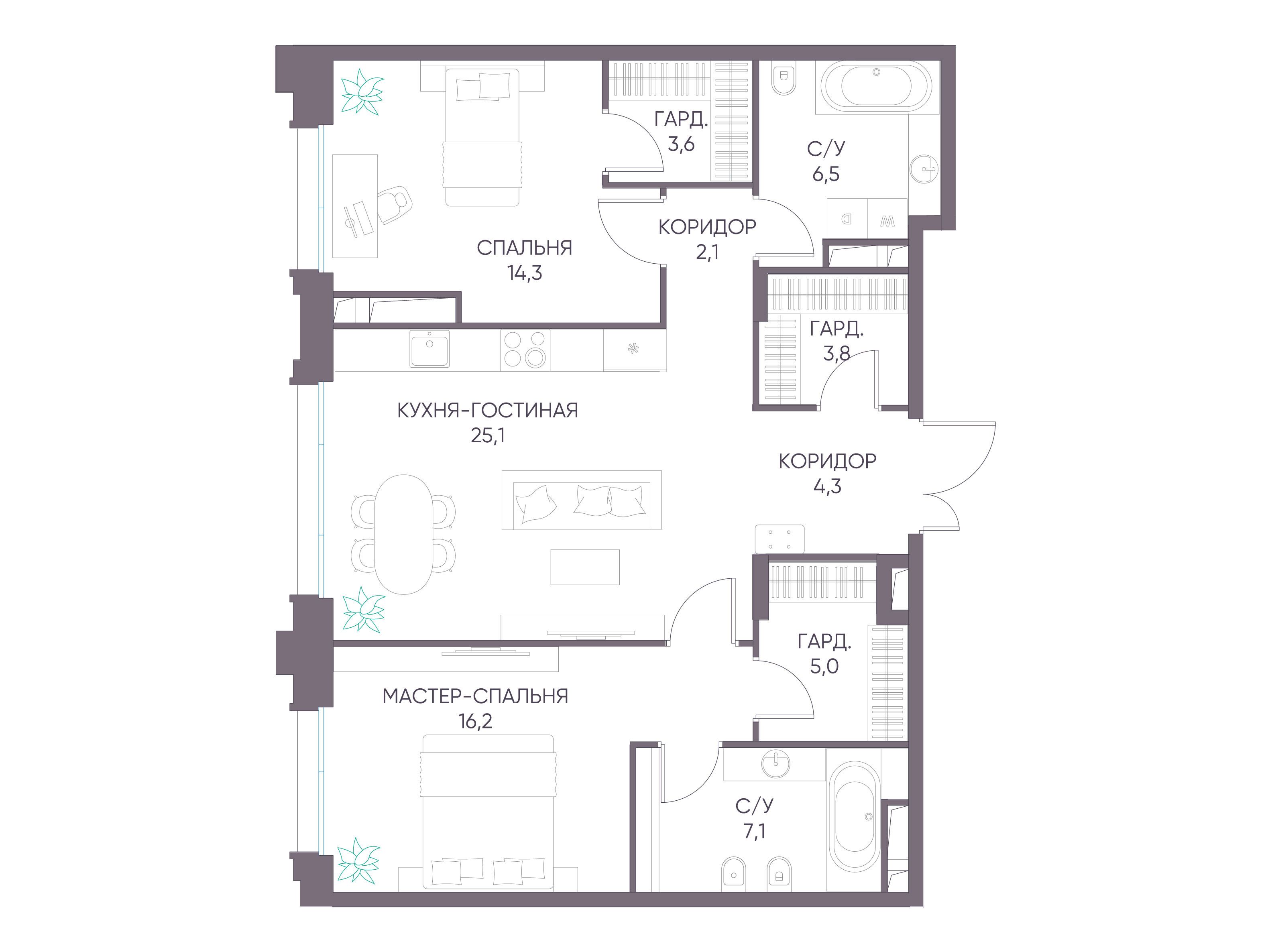 Планировка: 2-комн. квартира 88.00 м² в новостройке Дом XXII