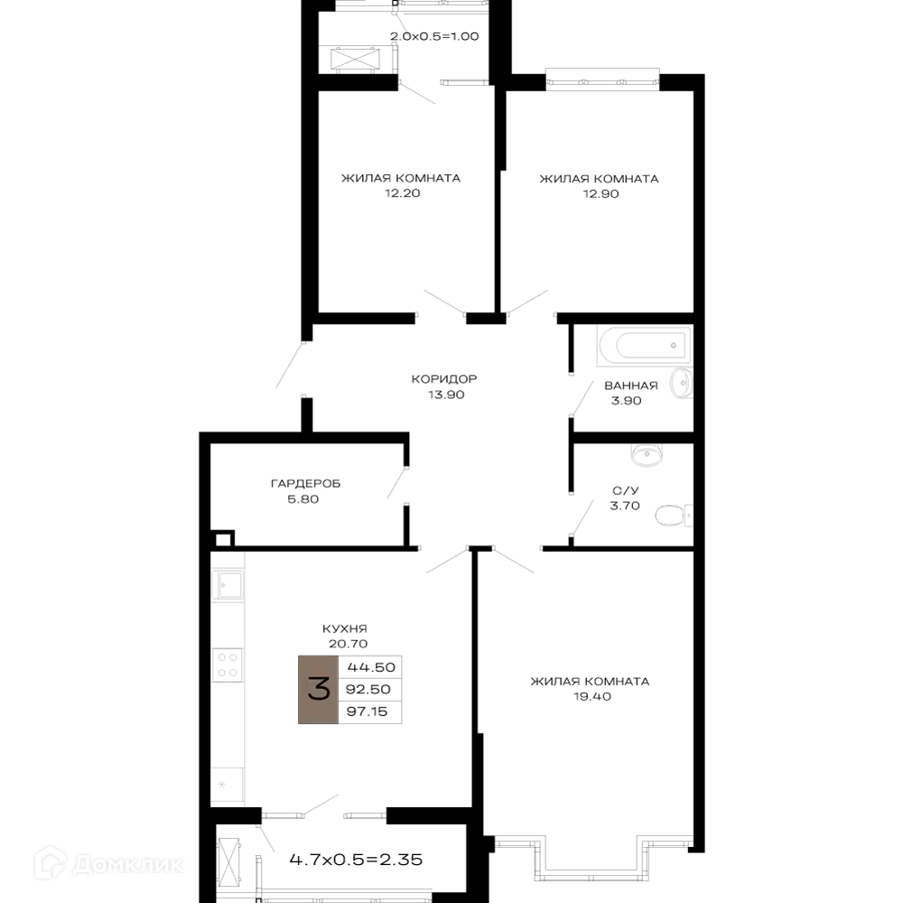 Планировка: 3-комн. квартира 96.54 м² в новостройке Сердце