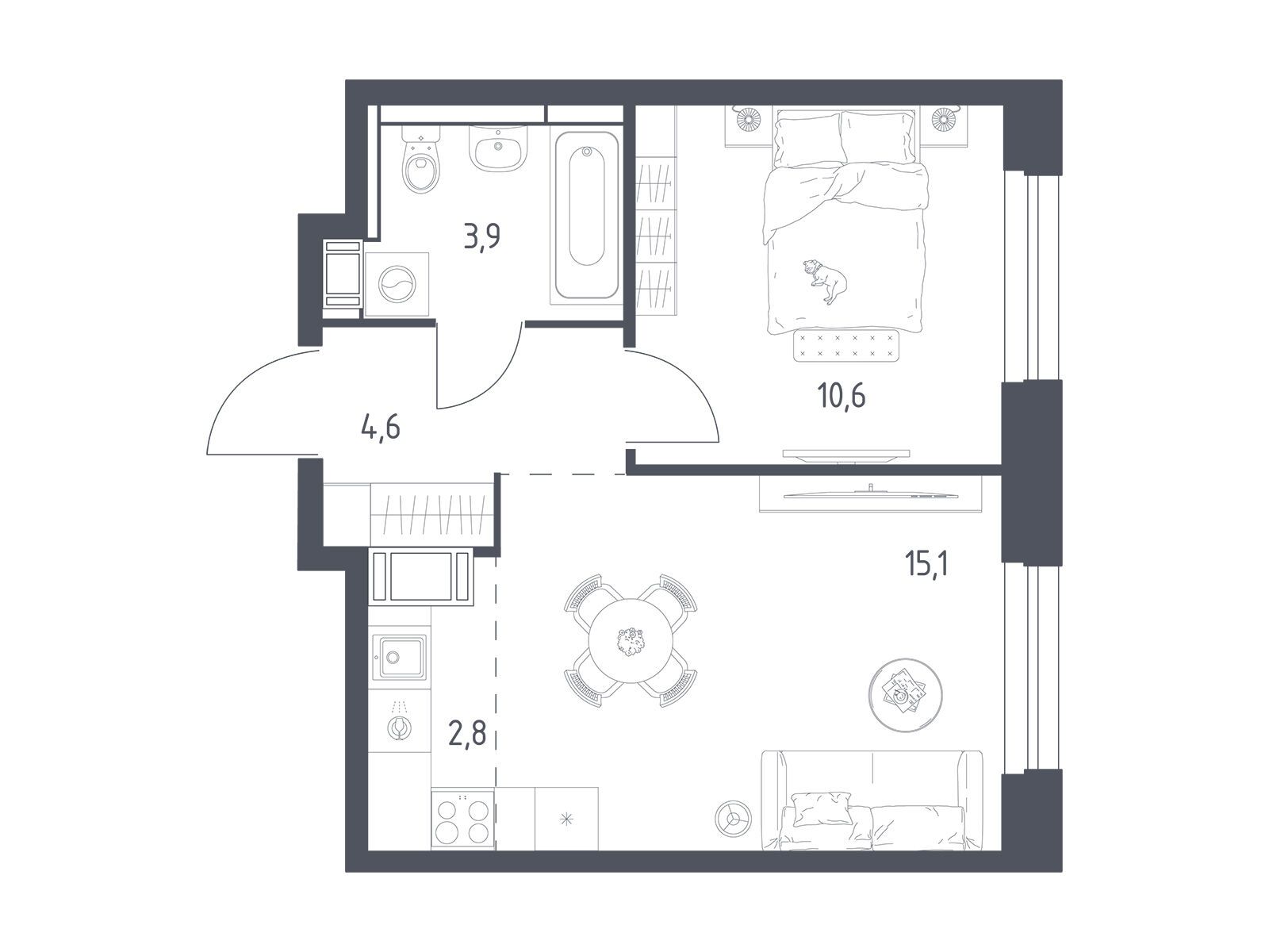 Планировка: 1-комн. квартира 36.70 м² в новостройке Мытищи Парк