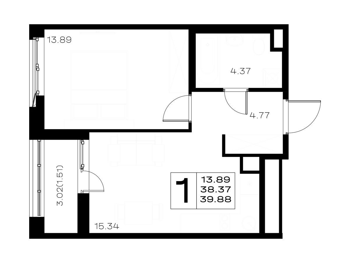 Планировка: 1-комн. квартира 39.88 м² в новостройке Борский