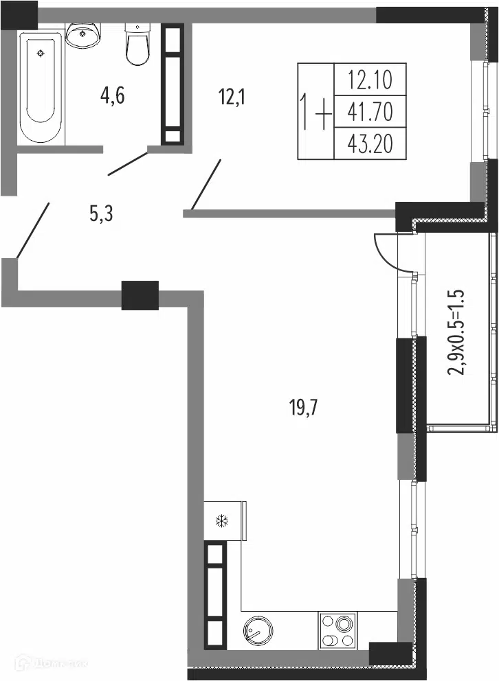 Планировка: 1-комн. квартира 44.15 м² в новостройке Екатерининский парк