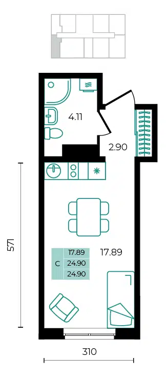 Планировка: Студия 24.90 м² в новостройке ЖК Курортный Регион