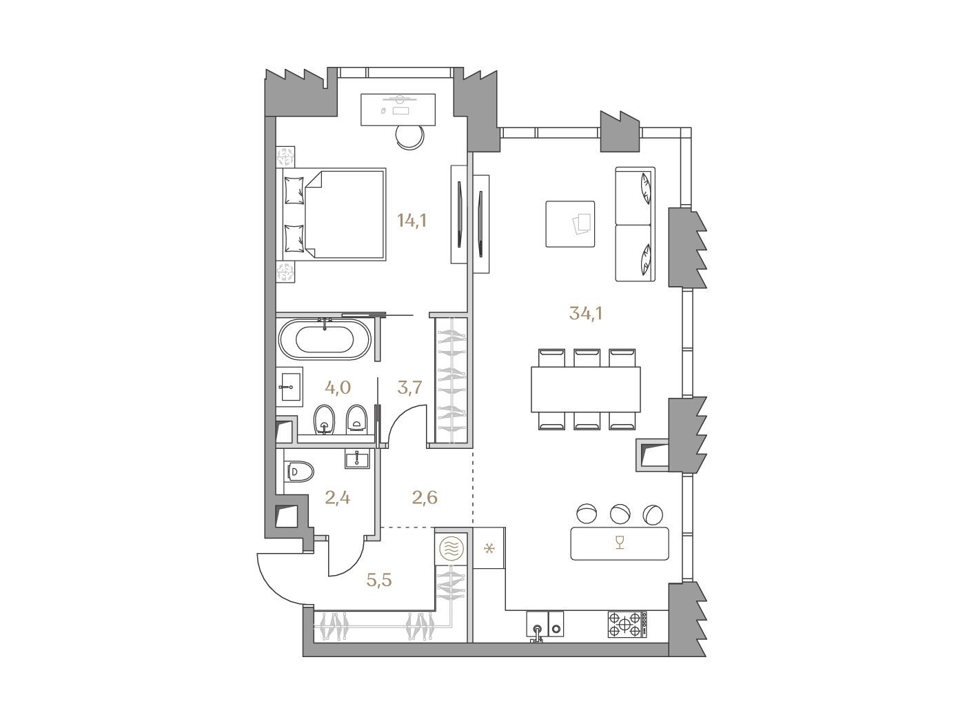 Планировка: 1-комн. квартира 66.40 м² в новостройке Коллекция Лужники