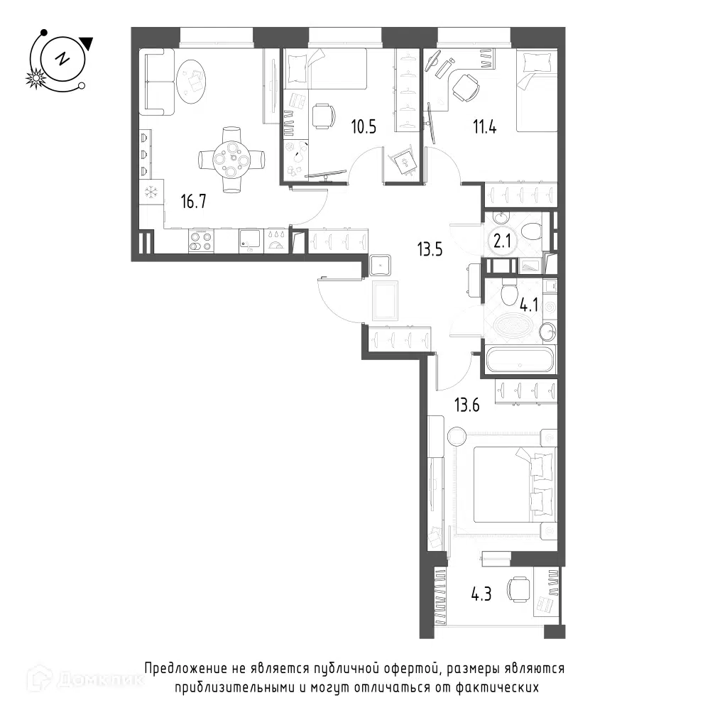 Планировка: 3-комн. квартира 74.50 м² в новостройке Зеленая Река