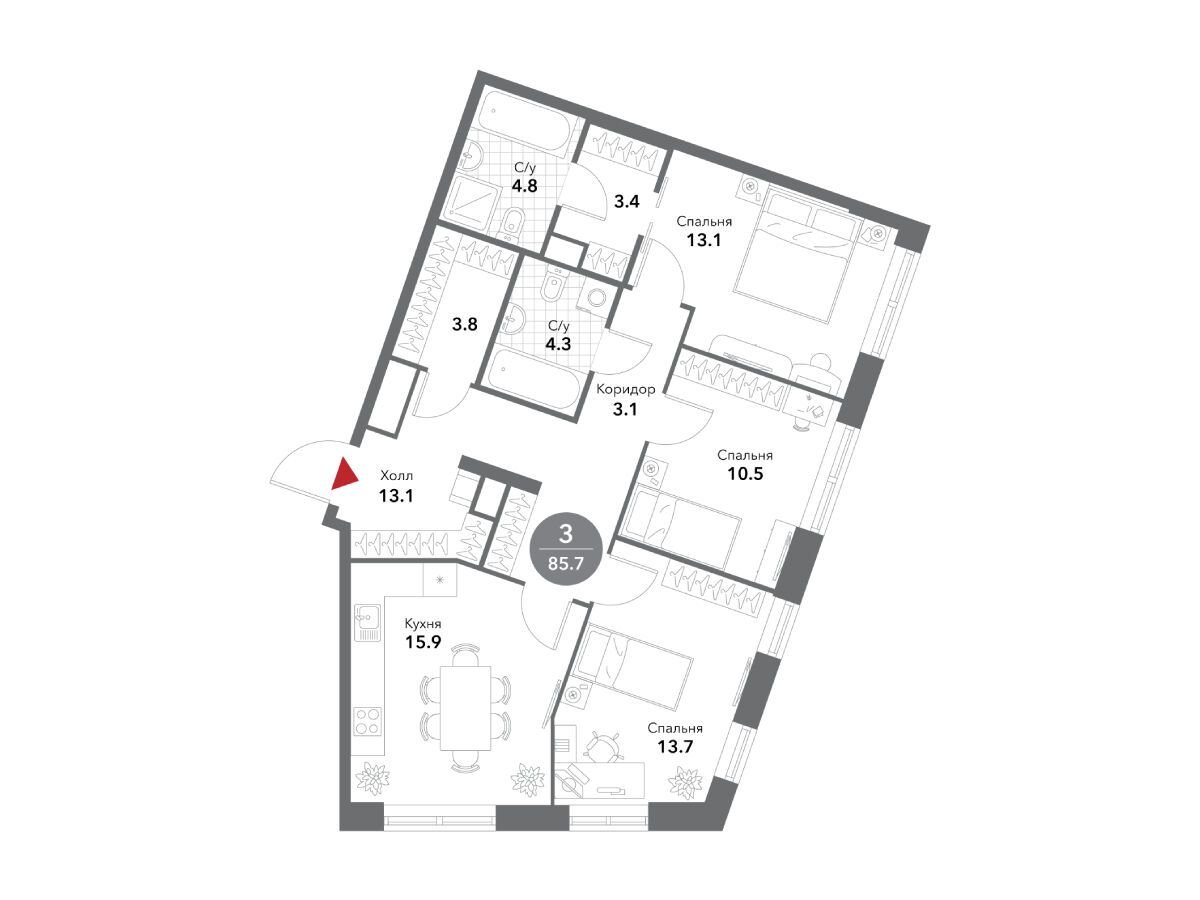 Планировка: 3-комн. квартира 85.70 м² в новостройке ЖК Воксхолл