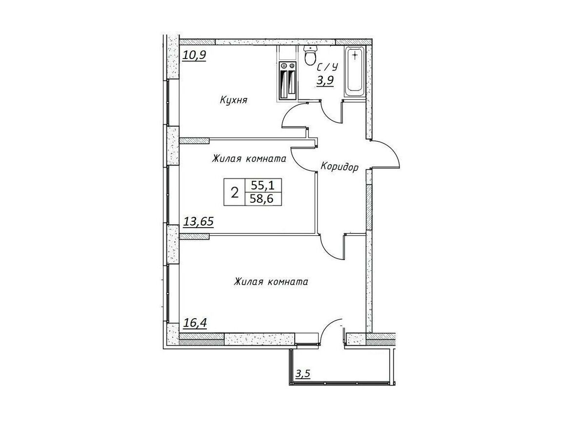 Планировка: 2-комнатная квартира 58.60 м² в новостройке ЖК Шоколад (Дмитров)