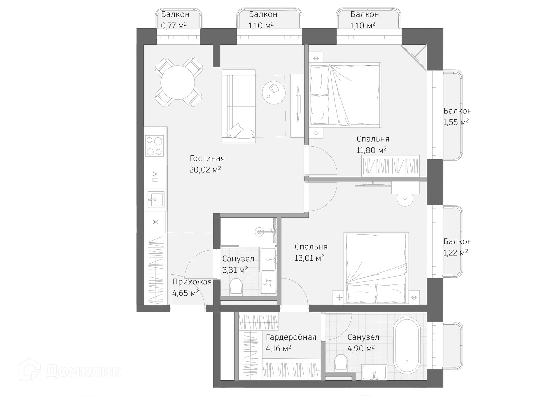 Планировка: 3-комн. квартира 67.59 м² в новостройке Реликт