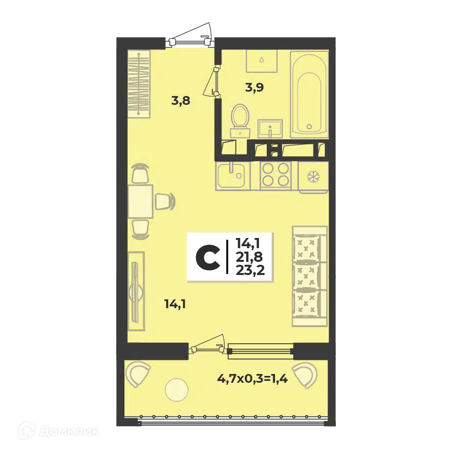 Планировка: Студия 23.20 м² в новостройке Лето