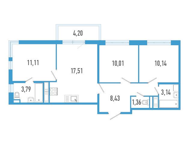 Планировка: 3-комн. квартира 66.75 м² в новостройке Аэросити