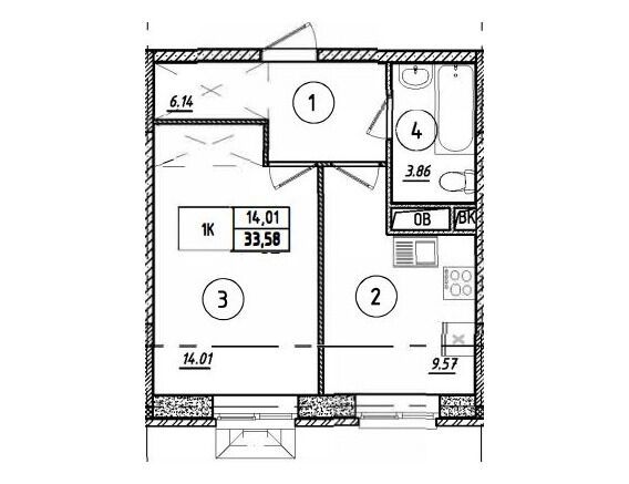 Планировка: 1-комн. квартира 33.58 м² в новостройке Парковый