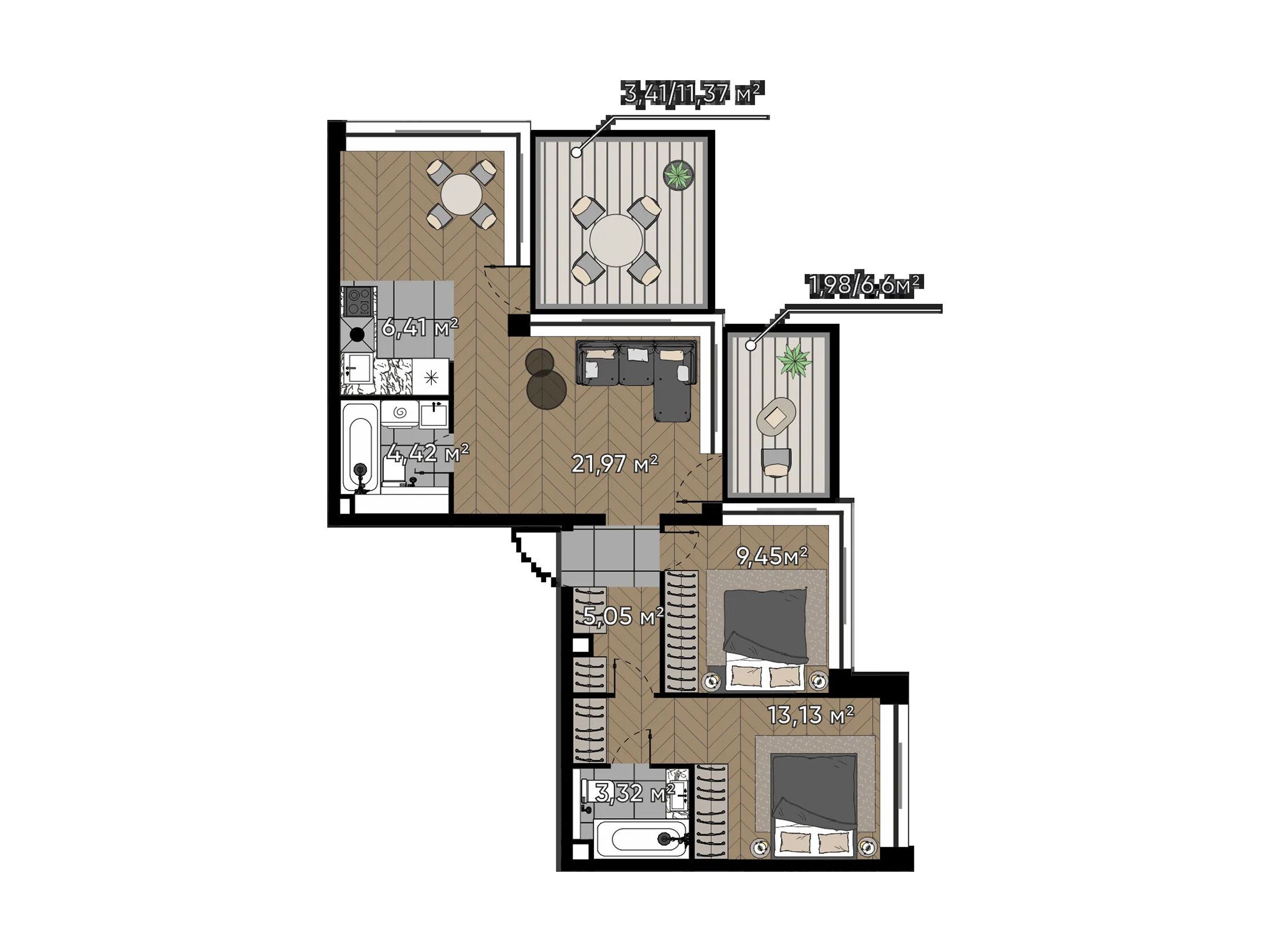 Планировка: 2-комн. квартира 69.14 м² в новостройке Серебряный бор