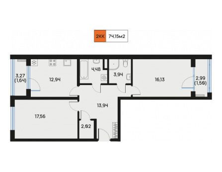 Планировка: 2-комн. квартира 74.28 м² в новостройке Дом Регенбоген