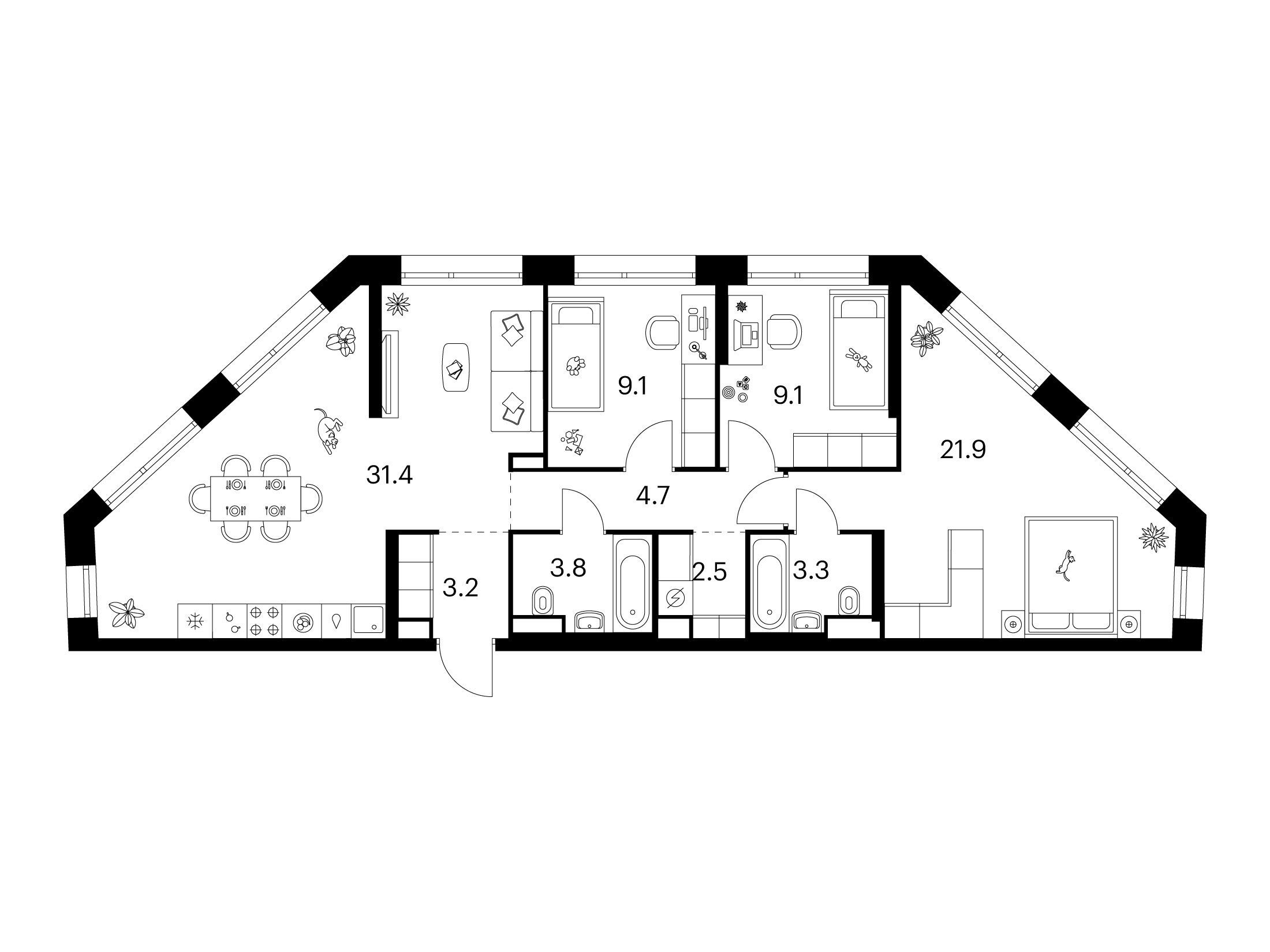 Планировка: 3-комн. квартира 89.00 м² в новостройке Строгино 360