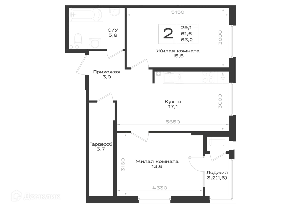 Планировка: 2-комн. квартира 63.20 м² в новостройке Нагория